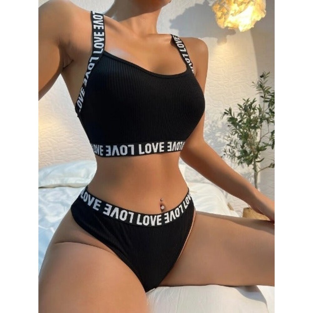 Size 12 (XL) Black Letter Tape Rib Criss-Cross Halter Lingerie Set